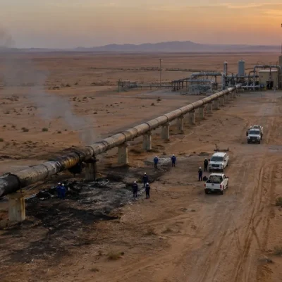 Aerial view of an idle oil pumping station and above-ground pipeline in the desert at dusk, with smoke rising from scorched ground as workers inspect the line
