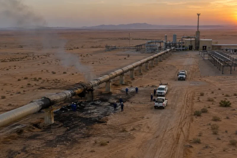 Aerial view of an idle oil pumping station and above-ground pipeline in the desert at dusk, with smoke rising from scorched ground as workers inspect the line