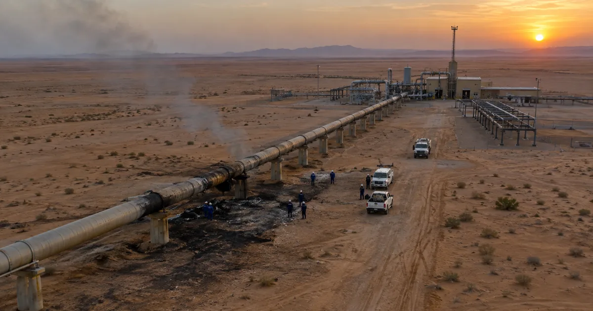 Aerial view of an idle oil pumping station and above-ground pipeline in the desert at dusk, with smoke rising from scorched ground as workers inspect the line