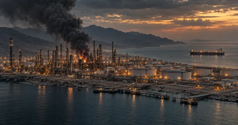 Coastal oil refinery complex at dusk, distillation columns and crude storage tanks lit by orange lamps, a dark smoke plume rising from a fire inside the plant, and an oil tanker anchored offshore