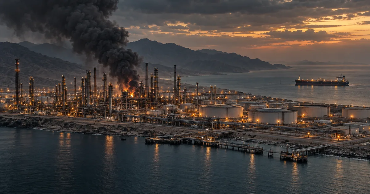 Coastal oil refinery complex at dusk, distillation columns and crude storage tanks lit by orange lamps, a dark smoke plume rising from a fire inside the plant, and an oil tanker anchored offshore