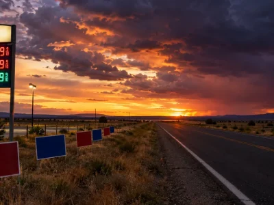 A roadside gas station price sign glowing at dusk beside red and blue campaign yard signs on an empty two-lane highway through flat plains
