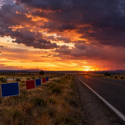 A roadside gas station price sign glowing at dusk beside red and blue campaign yard signs on an empty two-lane highway through flat plains