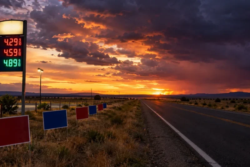 A roadside gas station price sign glowing at dusk beside red and blue campaign yard signs on an empty two-lane highway through flat plains