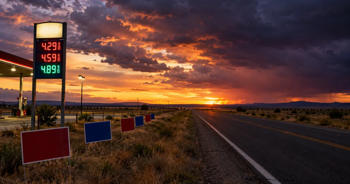 A roadside gas station price sign glowing at dusk beside red and blue campaign yard signs on an empty two-lane highway through flat plains