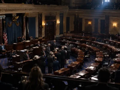 The United States Senate chamber seen from the visitors gallery during a floor vote, with many desks empty and a small group of senators standing in the well near the clerk