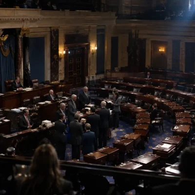 The United States Senate chamber seen from the visitors gallery during a floor vote, with many desks empty and a small group of senators standing in the well near the clerk