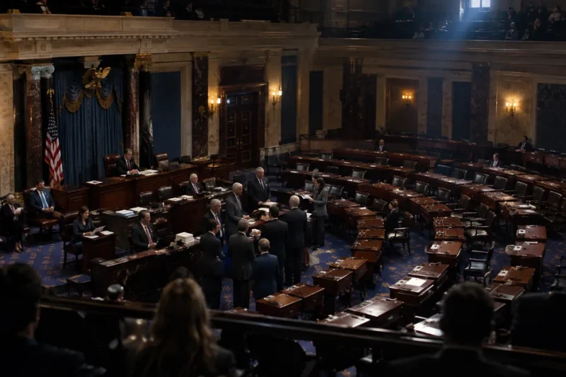 The United States Senate chamber seen from the visitors gallery during a floor vote, with many desks empty and a small group of senators standing in the well near the clerk