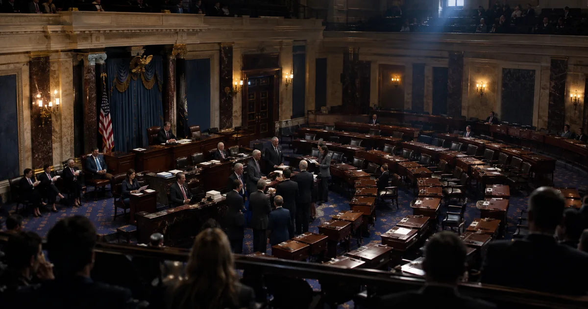 The United States Senate chamber seen from the visitors gallery during a floor vote, with many desks empty and a small group of senators standing in the well near the clerk