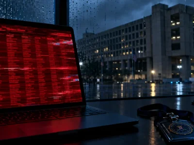A laptop screen glowing red with a glitched table of personnel records and ID photos, an FBI badge on the desk and the FBI headquarters building outside a rainy window