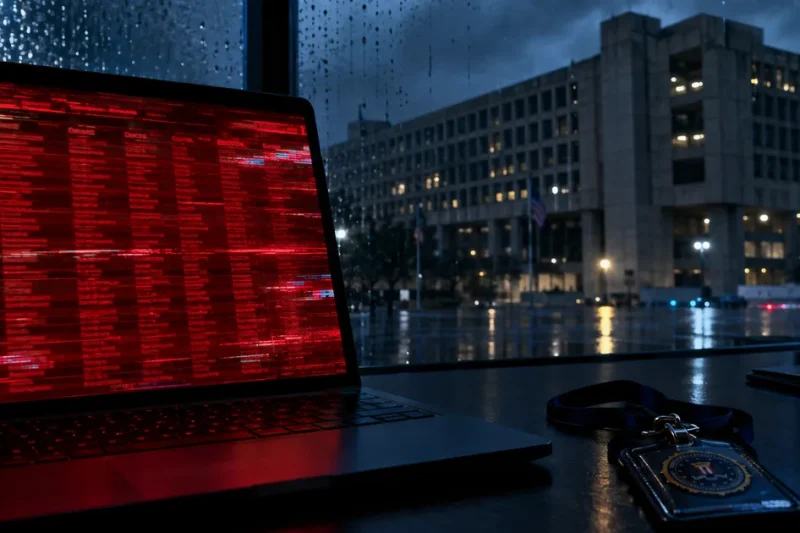 A laptop screen glowing red with a glitched table of personnel records and ID photos, an FBI badge on the desk and the FBI headquarters building outside a rainy window