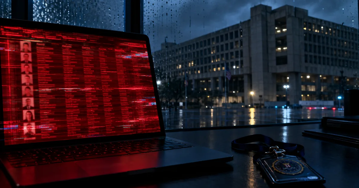 A laptop screen glowing red with a glitched table of personnel records and ID photos, an FBI badge on the desk and the FBI headquarters building outside a rainy window