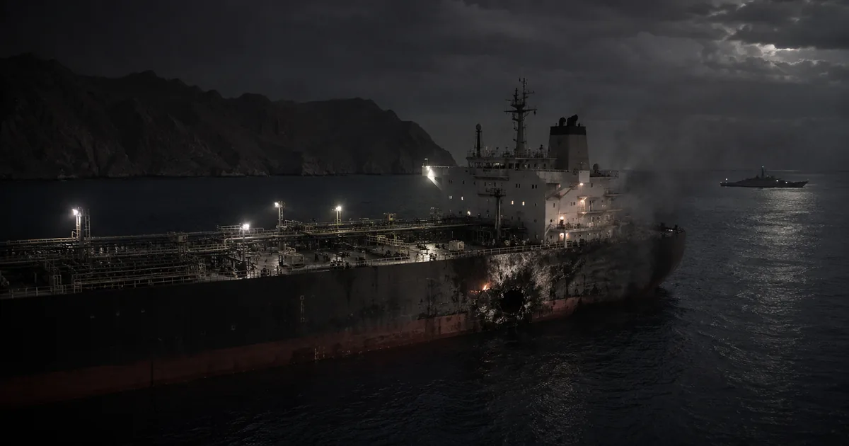 A crude oil supertanker at night with a ragged impact hole punched in its hull and smoke drifting across the floodlit deck, a dark rocky coastline behind it and a distant warship on the horizon