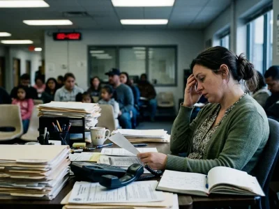 A caseworker rubs her forehead at a desk piled with case files while families wait in plastic chairs in a county benefits office