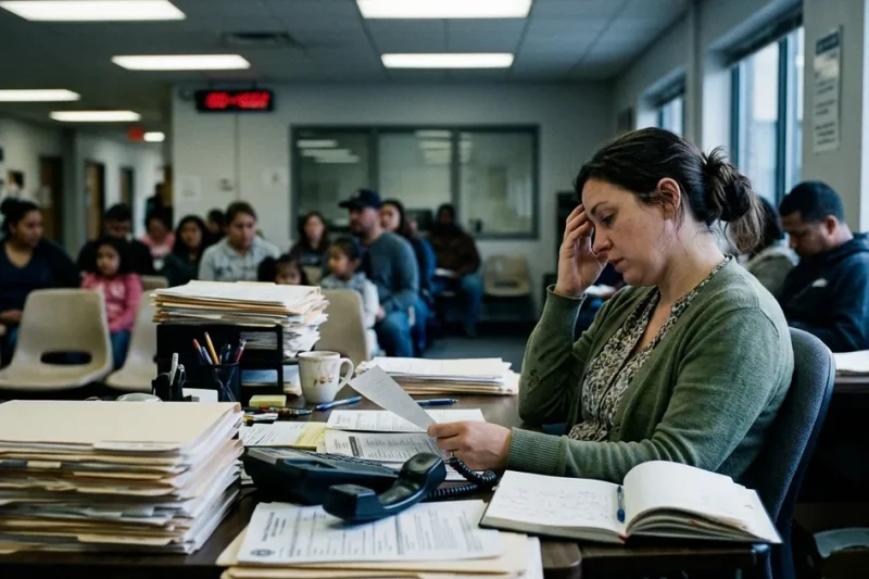 A caseworker rubs her forehead at a desk piled with case files while families wait in plastic chairs in a county benefits office