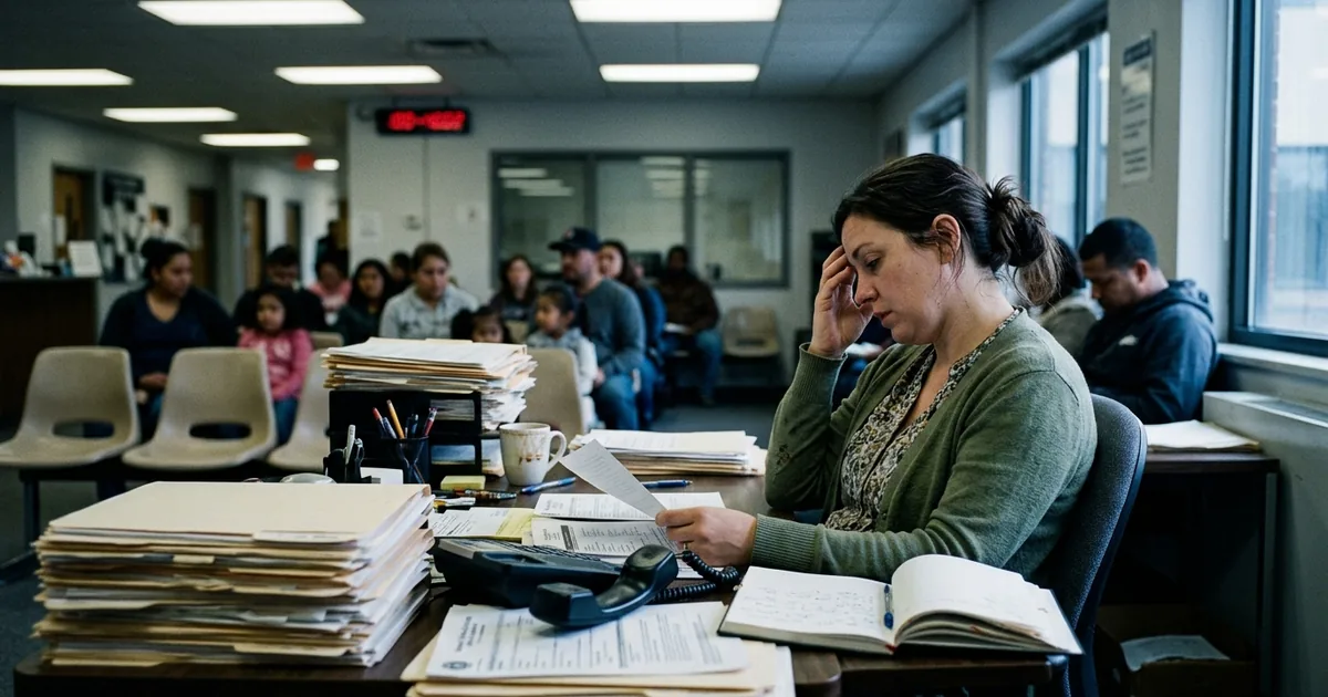 A caseworker rubs her forehead at a desk piled with case files while families wait in plastic chairs in a county benefits office