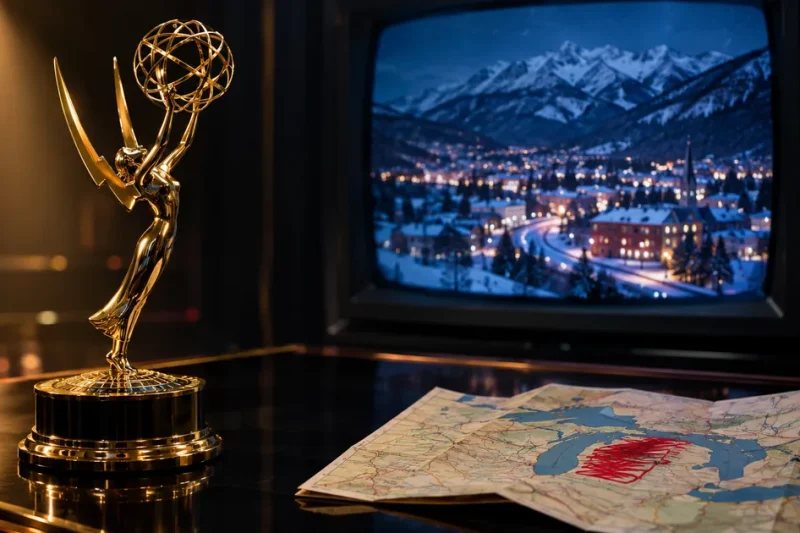 A gold Emmy statuette on a dark podium beside a Great Lakes road map with one lake scribbled over in red, a vintage TV showing a snowy mountain town behind it