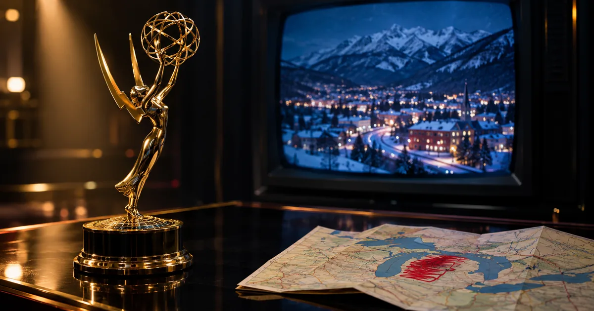 A gold Emmy statuette on a dark podium beside a Great Lakes road map with one lake scribbled over in red, a vintage TV showing a snowy mountain town behind it