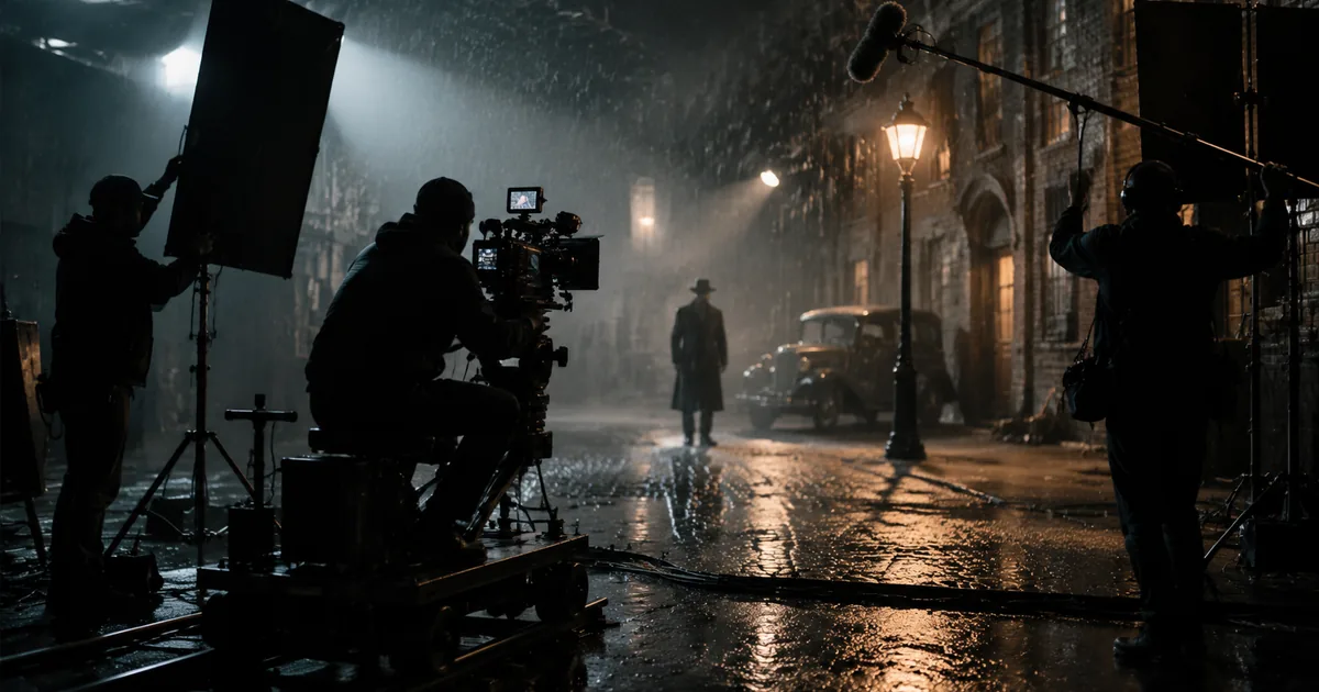 Silhouetted camera, grip and boom operators working around a cinema camera on a dolly on a rain-slicked 1930s noir street set lit by a single street lamp