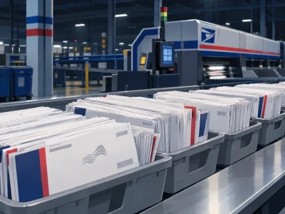 Stacks of ballot return envelopes in gray postal sorting trays moving along a conveyor inside a United States Postal Service processing facility