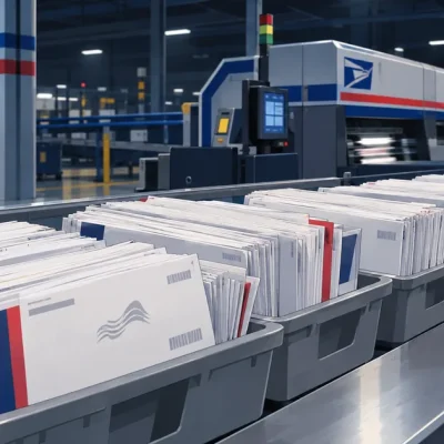 Stacks of ballot return envelopes in gray postal sorting trays moving along a conveyor inside a United States Postal Service processing facility