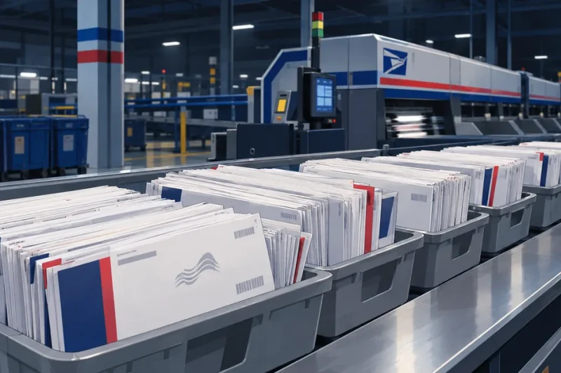 Stacks of ballot return envelopes in gray postal sorting trays moving along a conveyor inside a United States Postal Service processing facility