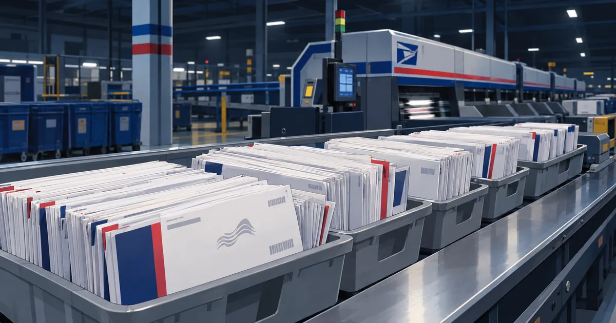 Stacks of ballot return envelopes in gray postal sorting trays moving along a conveyor inside a United States Postal Service processing facility