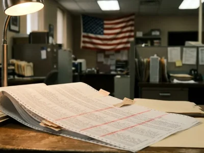 A continuous-feed voter registration printout open on a county election office desk, several rows marked with red highlighter and paper tabs, a defocused American flag on the wall behind