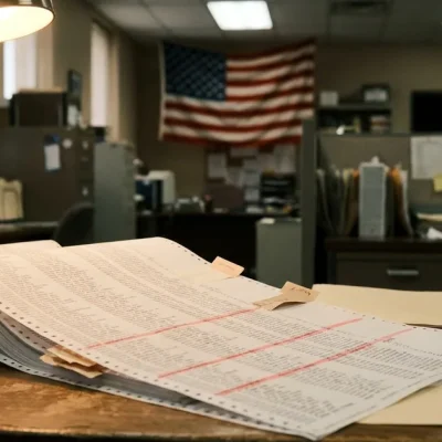 A continuous-feed voter registration printout open on a county election office desk, several rows marked with red highlighter and paper tabs, a defocused American flag on the wall behind