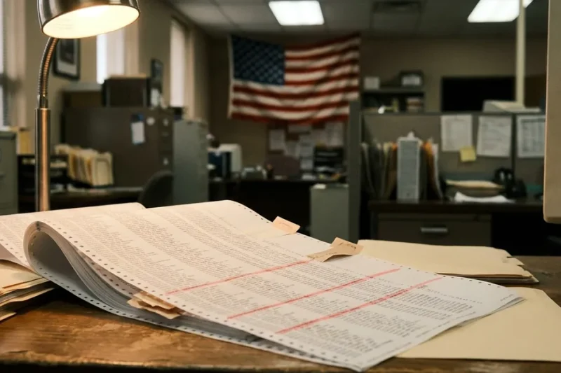 A continuous-feed voter registration printout open on a county election office desk, several rows marked with red highlighter and paper tabs, a defocused American flag on the wall behind