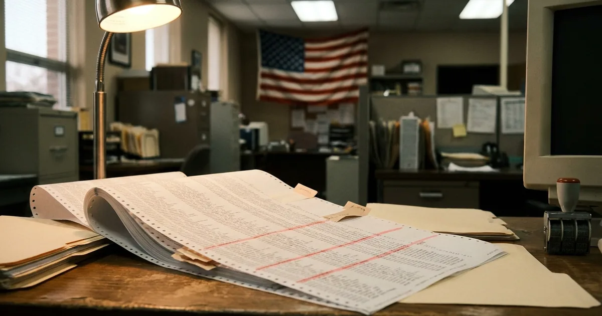 A continuous-feed voter registration printout open on a county election office desk, several rows marked with red highlighter and paper tabs, a defocused American flag on the wall behind