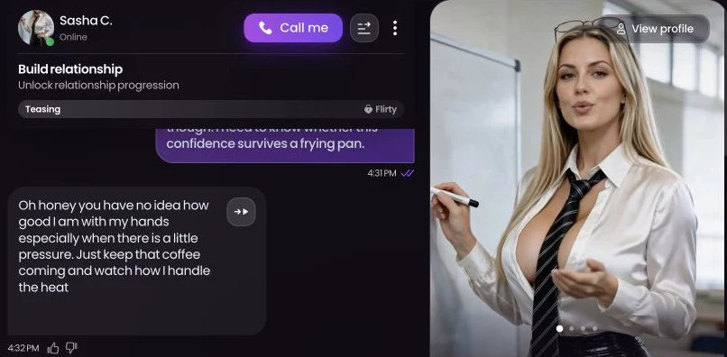 Chat screen with the AI companion Sasha in the Swipey app