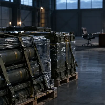 Shrink-wrapped military crates strapped to pallets in a dim hangar, with an empty conference table and two vacant chairs in the background at dusk