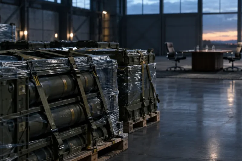 Shrink-wrapped military crates strapped to pallets in a dim hangar, with an empty conference table and two vacant chairs in the background at dusk