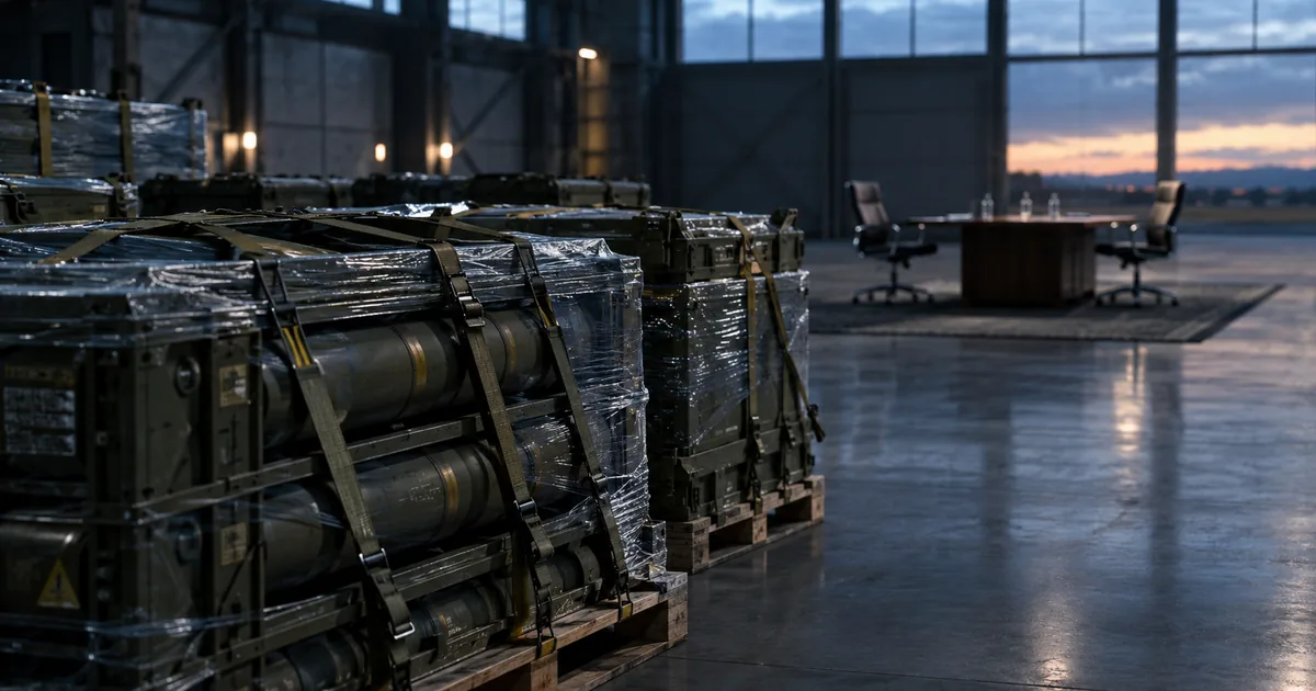 Shrink-wrapped military crates strapped to pallets in a dim hangar, with an empty conference table and two vacant chairs in the background at dusk