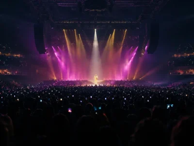 View from the back of a sold-out arena, thousands of phone lights in silhouette, magenta and gold beams converging on one small figure on a far stage