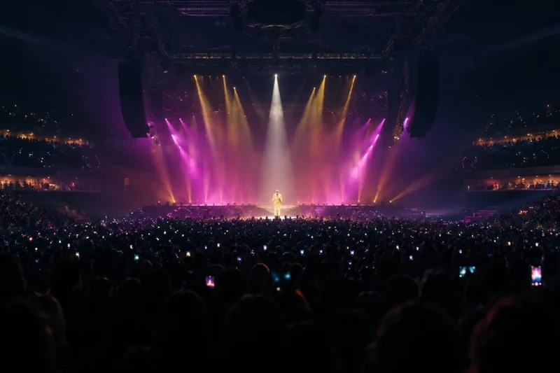 View from the back of a sold-out arena, thousands of phone lights in silhouette, magenta and gold beams converging on one small figure on a far stage