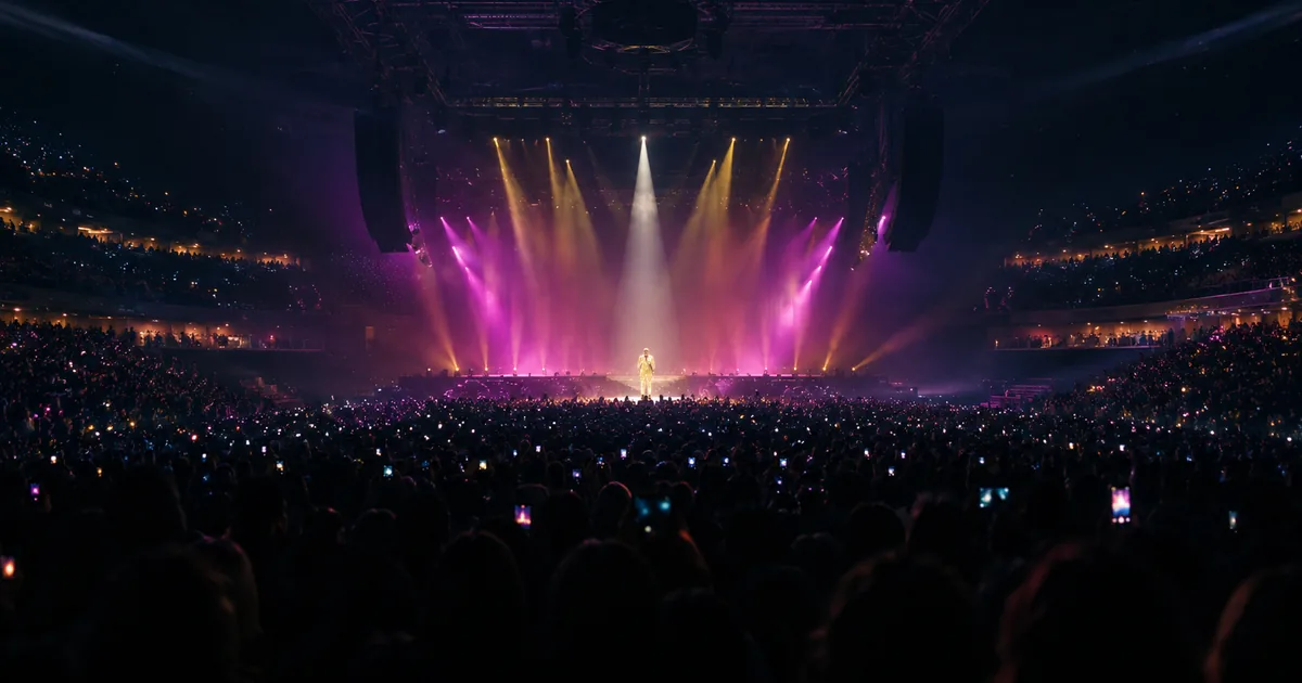 View from the back of a sold-out arena, thousands of phone lights in silhouette, magenta and gold beams converging on one small figure on a far stage
