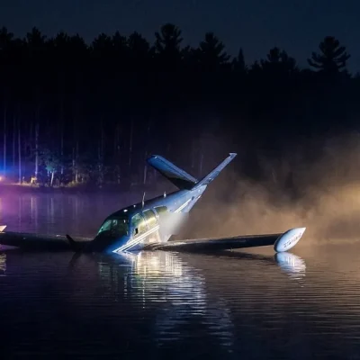 A white V-tail Beechcraft Bonanza sits half-submerged in dark lake water at night, lit by a rescue boat spotlight, with red and blue emergency lights reflecting on the water from the wooded shoreline