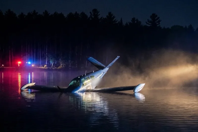 A white V-tail Beechcraft Bonanza sits half-submerged in dark lake water at night, lit by a rescue boat spotlight, with red and blue emergency lights reflecting on the water from the wooded shoreline