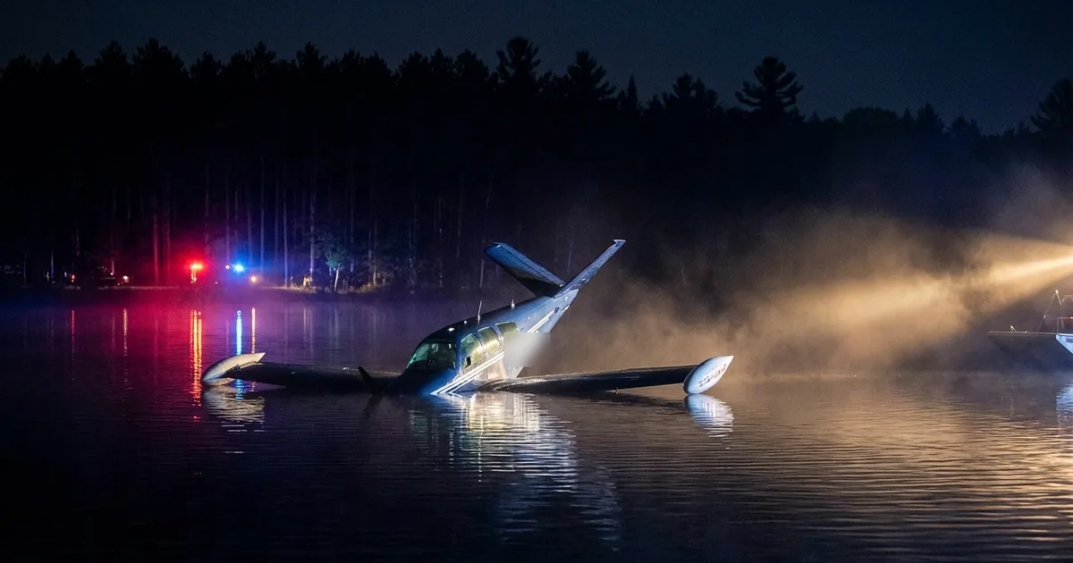 A white V-tail Beechcraft Bonanza sits half-submerged in dark lake water at night, lit by a rescue boat spotlight, with red and blue emergency lights reflecting on the water from the wooded shoreline