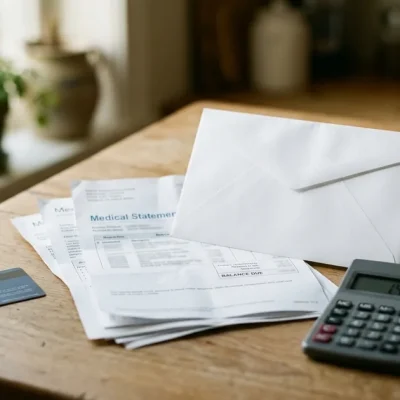 White envelope, a stack of medical statements, an insurance card and a calculator on a wooden kitchen table