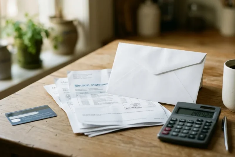 White envelope, a stack of medical statements, an insurance card and a calculator on a wooden kitchen table