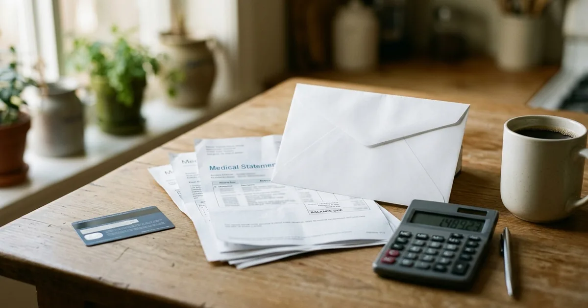 White envelope, a stack of medical statements, an insurance card and a calculator on a wooden kitchen table