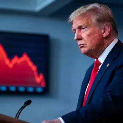 Donald Trump at a White House briefing room lectern, grim-faced, with a red line chart falling steeply on a screen behind him