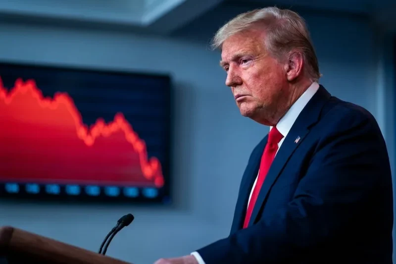 Donald Trump at a White House briefing room lectern, grim-faced, with a red line chart falling steeply on a screen behind him