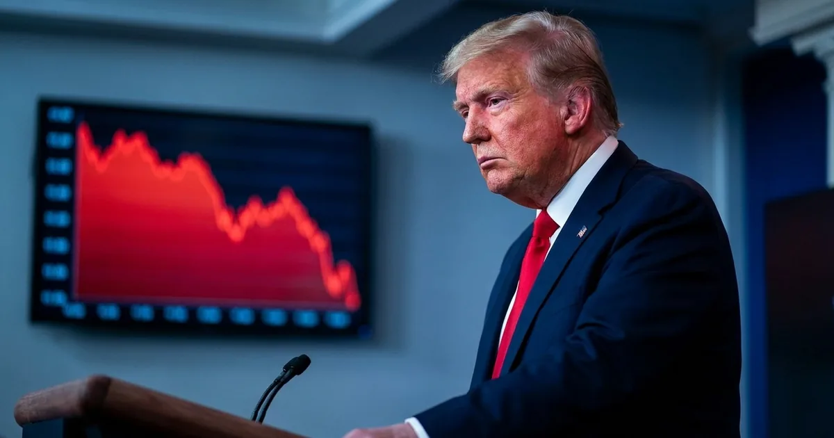 Donald Trump at a White House briefing room lectern, grim-faced, with a red line chart falling steeply on a screen behind him