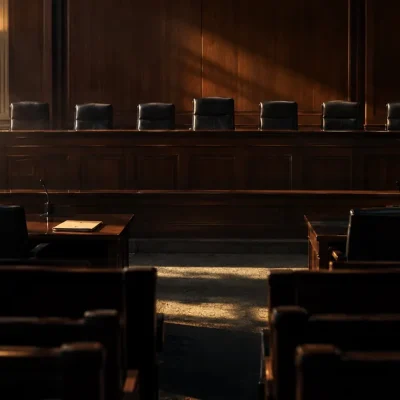 An empty federal appellate courtroom at dusk, the judges bench and counsel tables unoccupied, a single closed case folder on one table