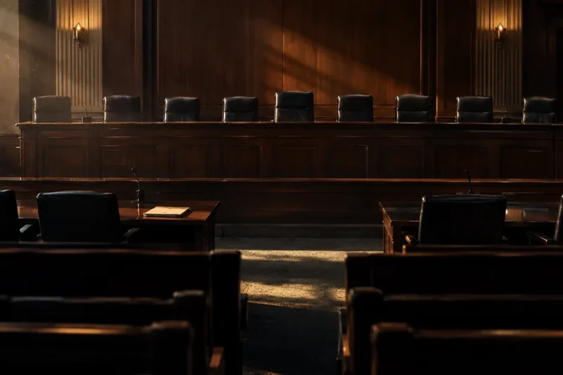An empty federal appellate courtroom at dusk, the judges bench and counsel tables unoccupied, a single closed case folder on one table