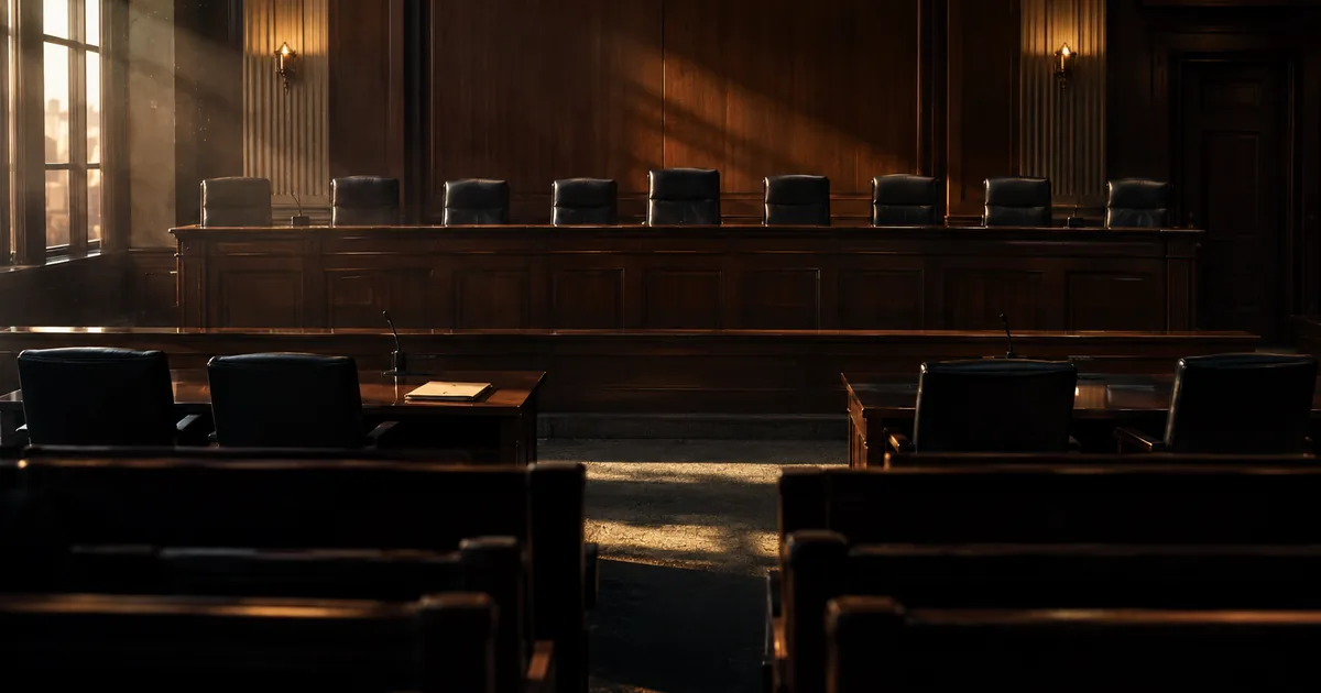An empty federal appellate courtroom at dusk, the judges bench and counsel tables unoccupied, a single closed case folder on one table